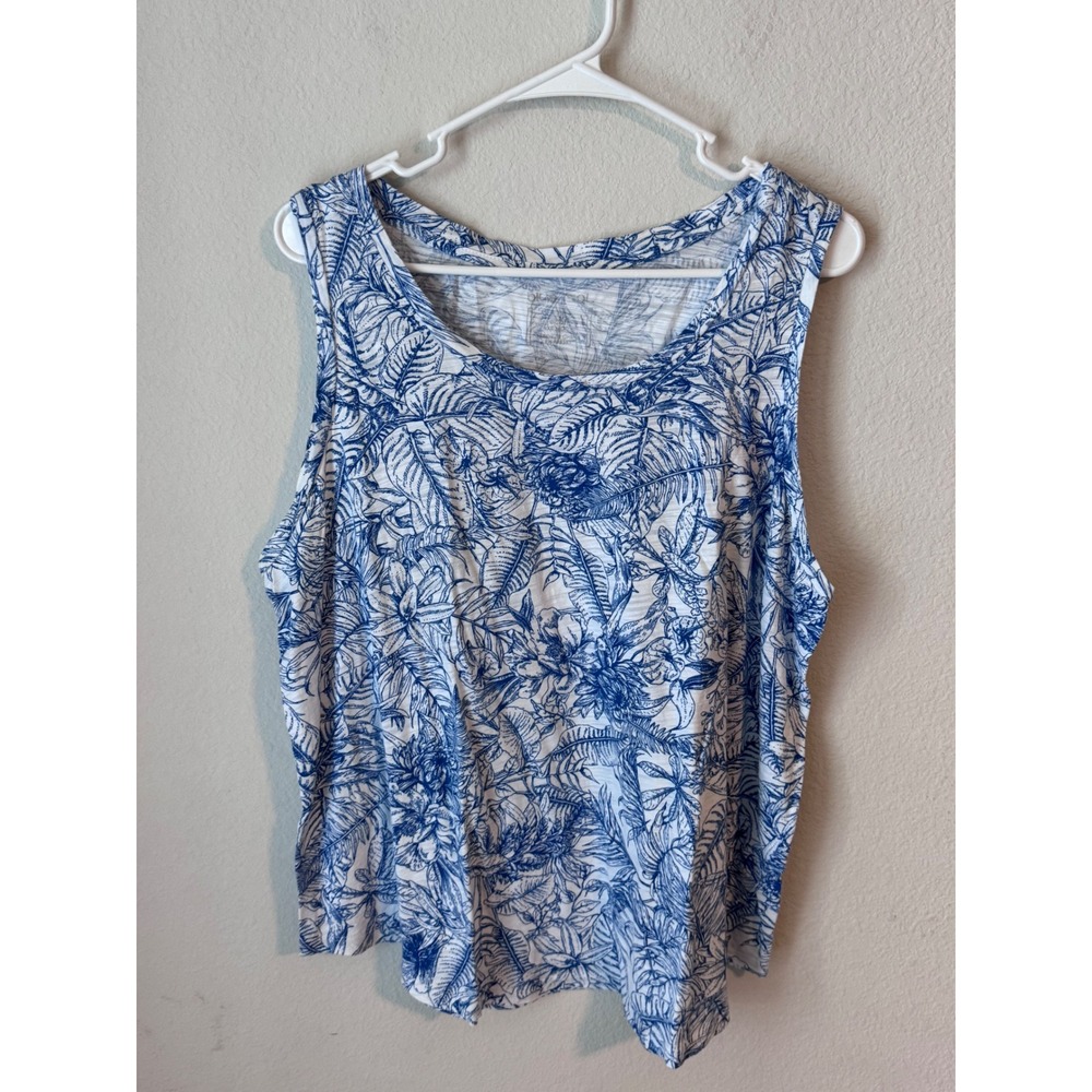 Blue Sol Womens XL Tropical Floral Tank Top Blue White Cotton Modal Scoop Neck